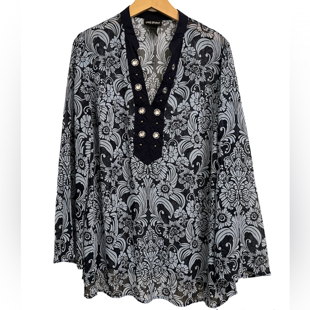LANE BRYANT Blue Damask Print Embellished Neckline Tunic Top